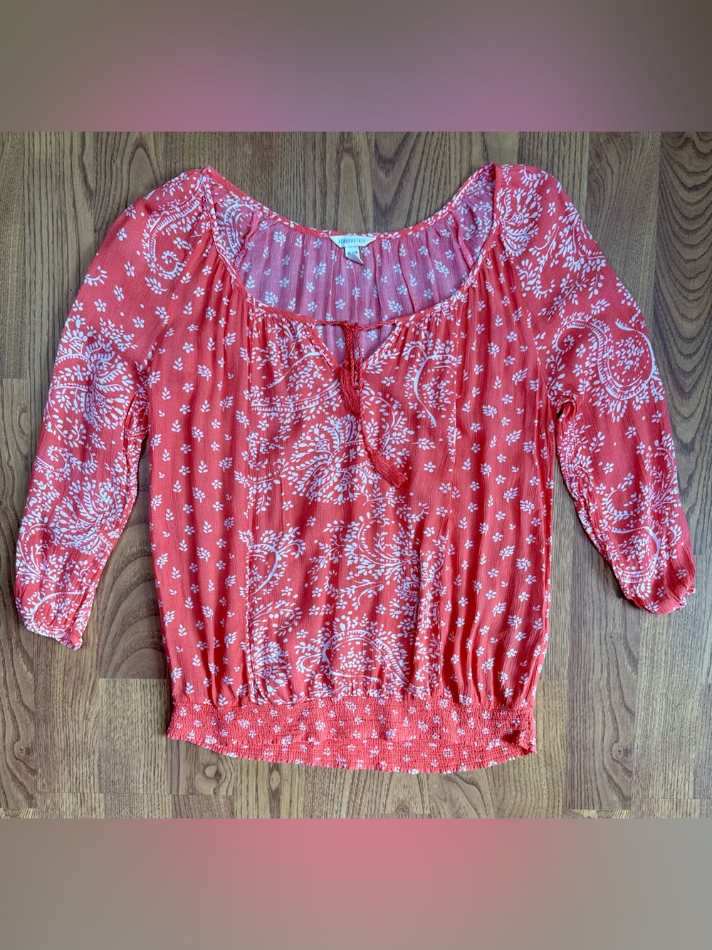 ❤️ Aeropostale XS Women's Coral Paisley Peasant Top 3/4 Sleeve Cottagecore B14